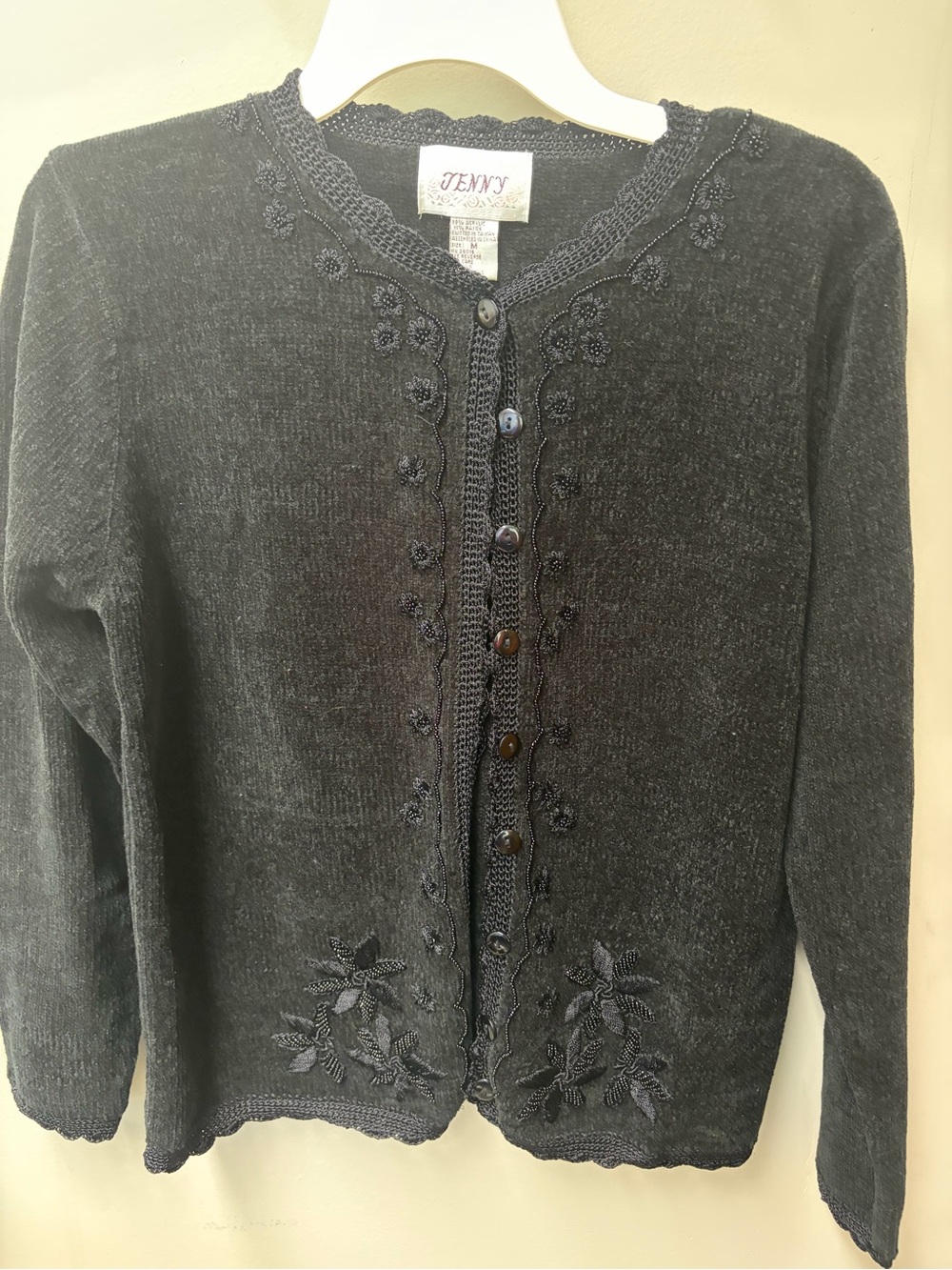Vintage 80s/90s Women's black Embroidered Button-Front Sweater embellished